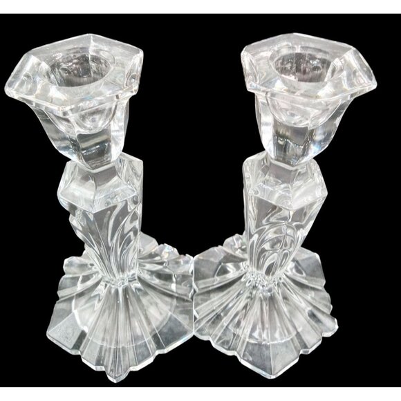 Candlestick Holders Clear 7 Inch Set 2 Elegant Design Vintage Glass Crystalline - Picture 9 of 14